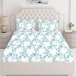 Layers Blue & White Floral Printed Pure Cotton 140 TC King Bedsheet with 2 Pillow Covers-2