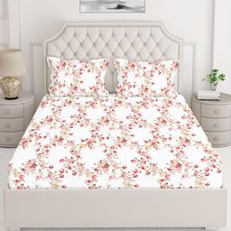 Layers White & Pink Floral Printed Pure Cotton 140 TC King Bedsheet with 2 Pillow Covers-image-6