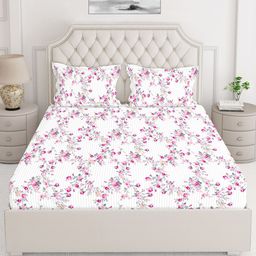 Layers White & Pink Floral Printed Pure Cotton 140 TC King Bedsheet with 2 Pillow Covers-image-48