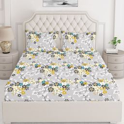 Layers Grey & White Floral Printed Pure Cotton 140 TC King Bedsheet with 2 Pillow Covers-image-58