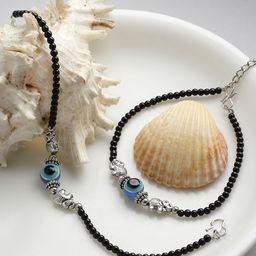 PANASH Set Of 2 Silver-Plated Elephant Shaped Black & Blue Beaded Evil Eye Anklets-7