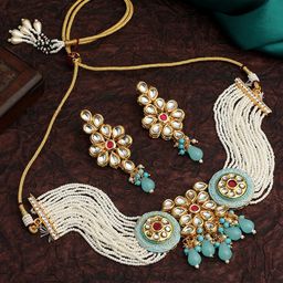 ASMITTA JEWELLERY Gold Plated Kundan-Studded & Pearl Beaded Meenakari Jewellery Set-image-38