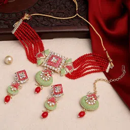 ASMITTA JEWELLERY Gold-Plated Stone Studded & Pearls Beaded Choker Jewellery Set-image-36