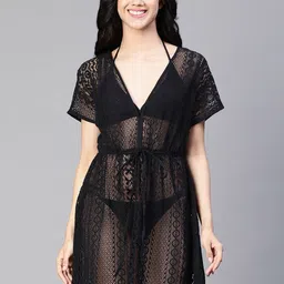 Oxolloxo V-Neck Elasticated Tie-Knot Flower Schiffli Meld Beachwear Cotton Kaftan-image-87