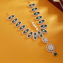 Zaveri Pearls Gold-Plated Green & White Kundan-Studded & Pearls Beaded Bridal Matha Patti-1
