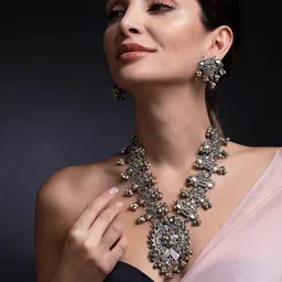 Rubans Women Silver-Plated Necklace Set With Elegant Design And Silver Beads Jewellery Set-2