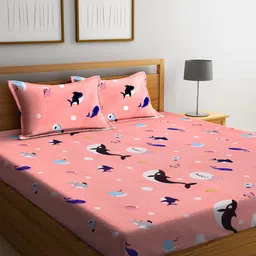 FABINALIV Peach & Blue Cartoon Characters 300 TC King Bedsheet With 2 Pillow Covers-picture-31