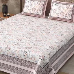 JAIPUR FABRIC White & Blue Paisley Cotton 210 TC King Bedsheet With 2 Pillow Covers-27