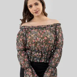 PRETTY LOVING THING Floral Printed Off-Shoulder Bell Sleeve Chiffon Bardot Top-image-46