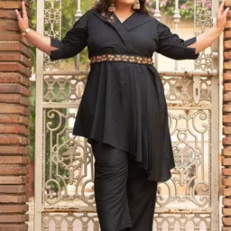 PrettyPlus by Desinoor.com Plus Size Cotton Silk Top With Trousers Co-Ords-43