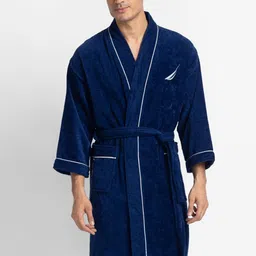 Nautica Men Navy Blue Solid Pure Cotton Bath Robe With Belt-picture-3