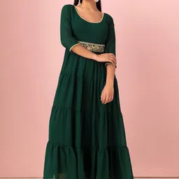 INDYA Fit and Flare Georgette Ethnic Dress With Embroidered Belt-image-49