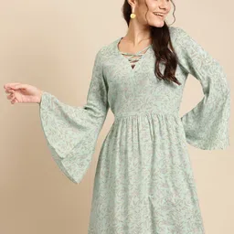 MABISH by Sonal Jain Women Sea Green & Grey Cotton Floral Print A-Line Dress-image-48