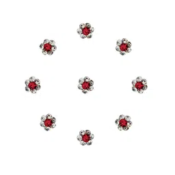 Comet Busters 9 Pcs Embellished Reusable Designer Bindis - Red & Silver-Toned image 2
