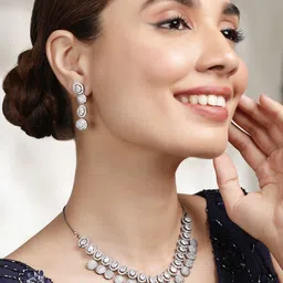 RubansSilver-Plated Handcrafted Cubic Zicronia Studded in Blackish Tone Jewellery Set-image-81