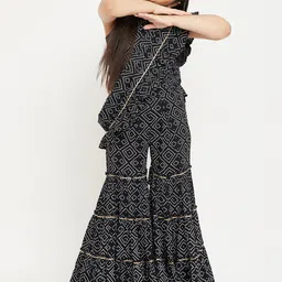 Stylo Bug Girls Black & White Bandhani Printed Pure Cotton Top with Sharara & Dupatta-image-6