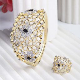 ZENEME 2 Black & Gold-Toned Brass AD-Studded Gold-Plated Bangle-Style Bracelet & Ring-14