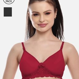 FIMS Women Pack of 2 Maroon & Black Cotton Lace Padded Bra-picture-15