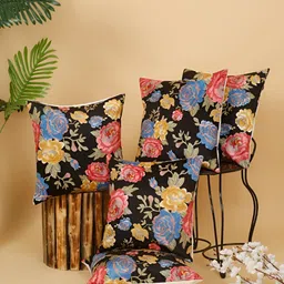 Aura Black & Blue 5 Pieces Floral Embroidered Velvet Square Cushion Covers-57