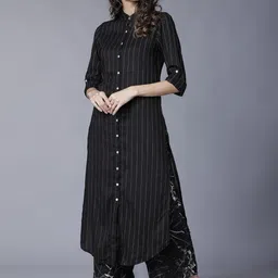 Vishudh Women Black Striped Kurta With Palazzos-image-61