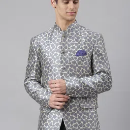 Hangup Men Grey Printed Bandhgala Blazer-38