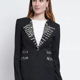Purple State Women Black & White Printed Slim-Fit Single-Breasted Casual Blazer-picture-25