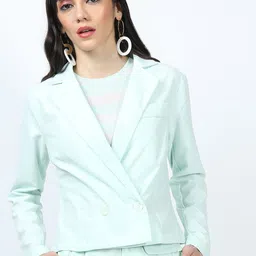 CHIC BY TOKYO TALKIES Women Green Solid Double Breasted Crop Blazer-picture-24