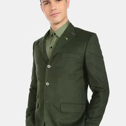 AD By Arvind Men Green Solid Twill Weave Convertible Collar Blazer-image-5
