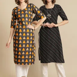 7threads KALINI Pack Of 2 Geometric Printed Block Print A-Line Regular Kurtas image 1