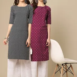 KALINI Women Pack Of 2 Red & Black Geometric Printed Crepe Kurta-image-90