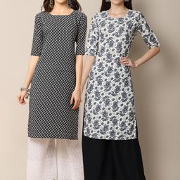 KALINI Women Pack Of 2 Black & White Floral Printed Crepe Kurta-image-63