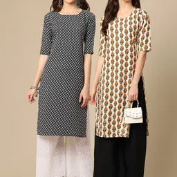 KALINI Women Pack of 2 Black & Beige Ethnic Motifs Printed Crepe Kurta-image-78