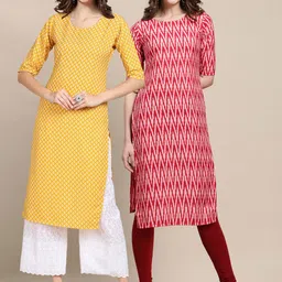 KALINI Women Pack of 2 Yellow & Pink Ethnic Motifs Printed Crepe Kurta-picture-51