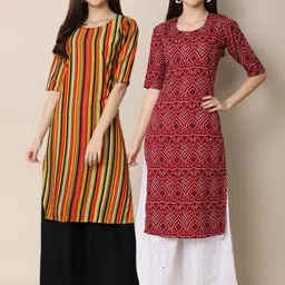 KALINI Women Set Of 2 Orange & Maroon Printed Crepe Kurta-11