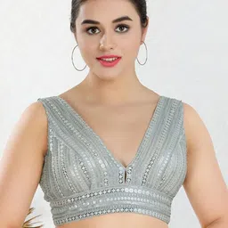 SALWAR STUDIO V-Neck Sleeveless Embroidered Saree Blouse-picture-30