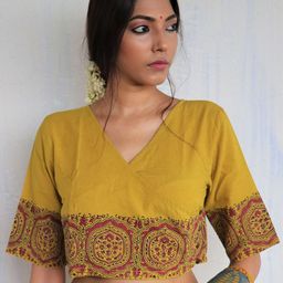 Chidiyaa Women Mustard Printed Cotton Crop Top Blouse-image-7
