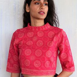Chidiyaa Women Pink Block Printed Cotton Saree Blouse-37