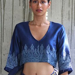 Chidiyaa Blue Block Printed Saree Blouse-picture-18