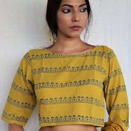 Chidiyaa Women Mustard Yellow & Blue Cotton Saree Blouse-image-12