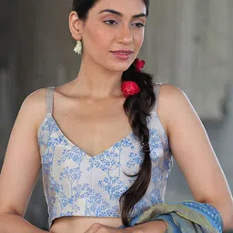 Chidiyaa Women Blue & Cream Printed Silk Saree Blouse-image-4