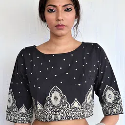 Chidiyaa Women Black & Off White Printed Cotton Blouse-image-54