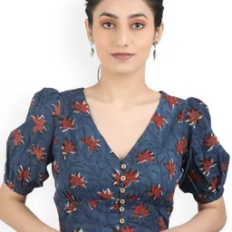 Llajja Printed V-Neck Pure Cotton Ready To Wear Non Padded Saree Blouse-29