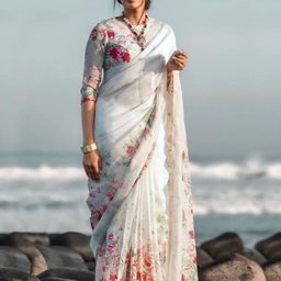 Peachmode Floral Printed Pure Linen Saree-image-74