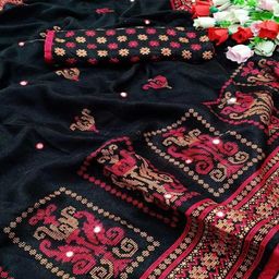 Peachmode Ethnic Motifs Mirror Work Jute Cotton Saree-image-41