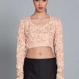 Ethnovog Peach-Coloured Embroidered Saree Blouse-picture-13