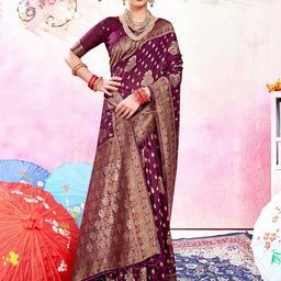 Anouk Burgundy & Gold-Toned Floral Woven Design Zari Art Silk Chanderi Saree-image-81