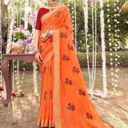 Anouk Orange & Red Floral Printed Art Silk Chanderi Saree-18