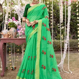 Anouk Green & Red Floral Embroidered Chanderi Saree-60