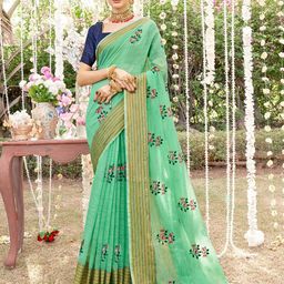 Anouk Lime Green & Pink Floral Embroidered Chanderi Saree-5