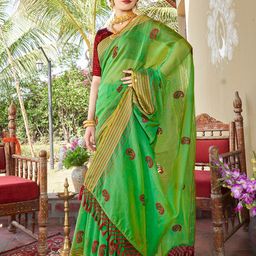 Anouk Green Paisley Embroidered Chanderi Silk Cotton Saree-picture-11